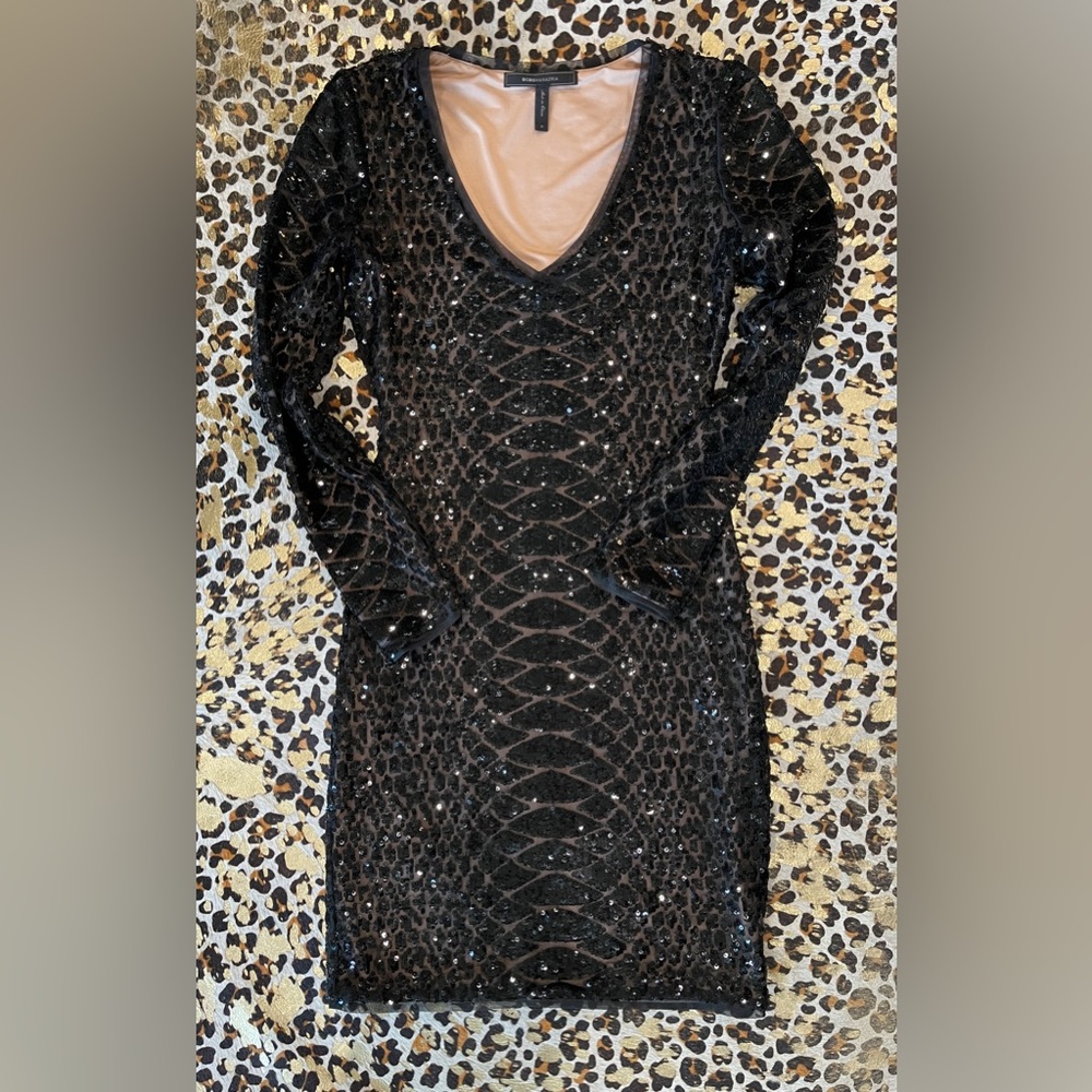 BCBG Sequin Long Sleeve Black Dress